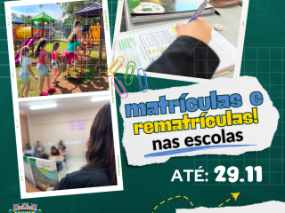 Matrículas e rematrículas de estudantes na rede municipal de ensino vão até o dia 29 de novembro