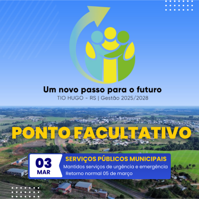Ponto facultativo nos serviços públicos municipais – Segunda-feira 03 de março