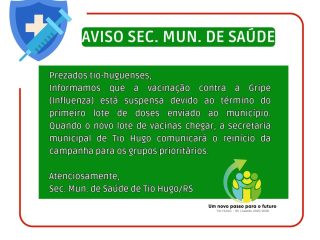 Aviso Secretaria Municipal de Saúde: Suspensão da vacinação por falta de doses