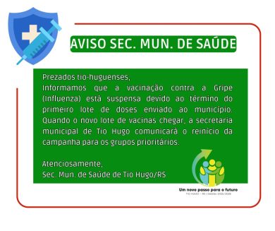Aviso Secretaria Municipal de Saúde: Suspensão da vacinação por falta de doses